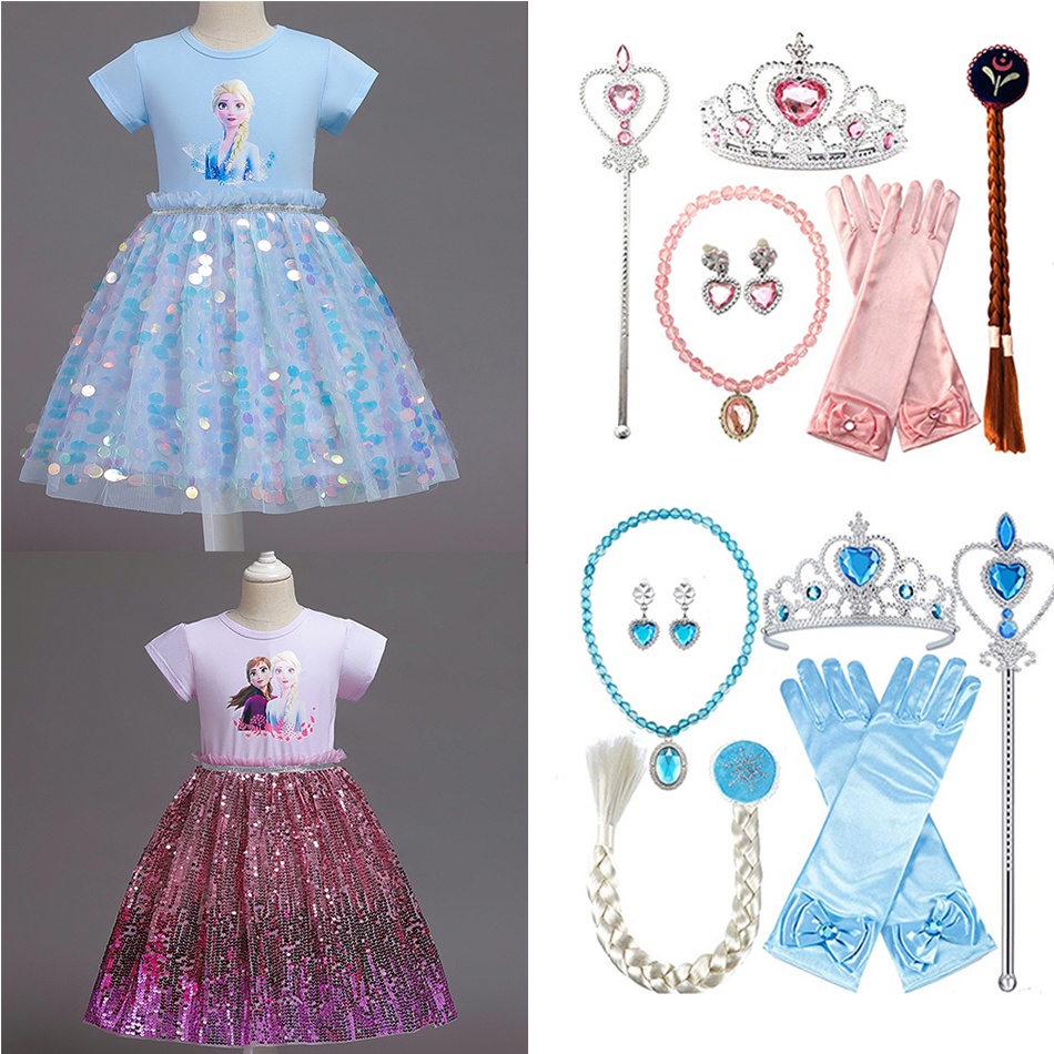 Kids girl Frozen Dress ANAK PEREMPUAN  Payet berkilauan Lengan pendek Frozen Kaos Rok