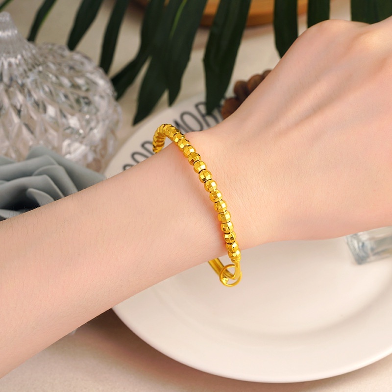 Goldkingdom Perhiasan Fashion 24K Bangkok Aksesoris Ready Stock Klasik Push Pull Gelang Manik-Manik Laser Beads Emas Asli Kadar 375 Kecil Nugget Gelang Minimalis Wanita