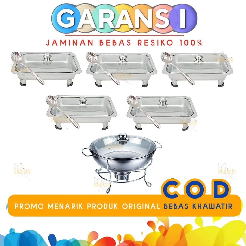 Tempat Prasmanan Set Wadah Saji Makanan Stainless Steel Tutup Kaca 1/5