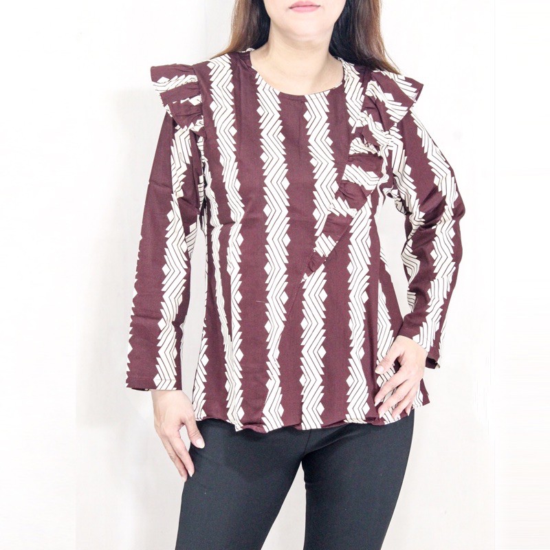 H77M - Baju blouse batik wanita lengan panjang fit XL u/ atasan muslimah model terbaru katun strecth