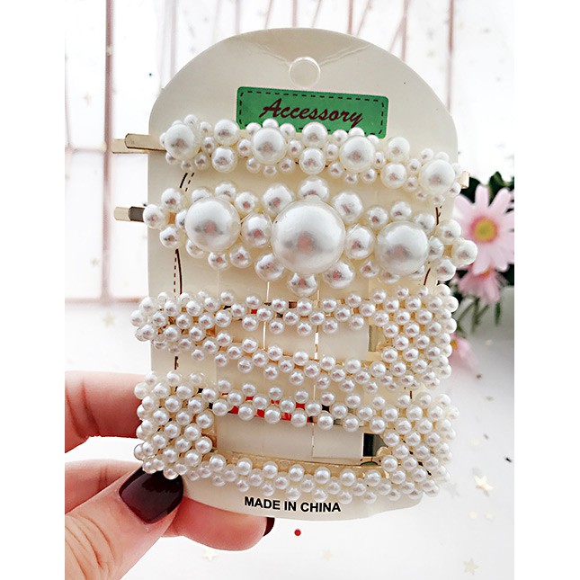 LRC Jepit Rambut Fashion White Alloy Pearl Hair Clip Four-piece F50049