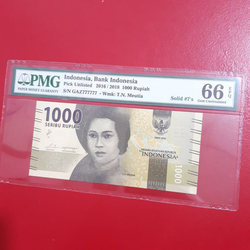 Uang Kertas Kuno 1000 Rupiah Tahun 2016 Nomor Cantik Solid 7 PMG 66
