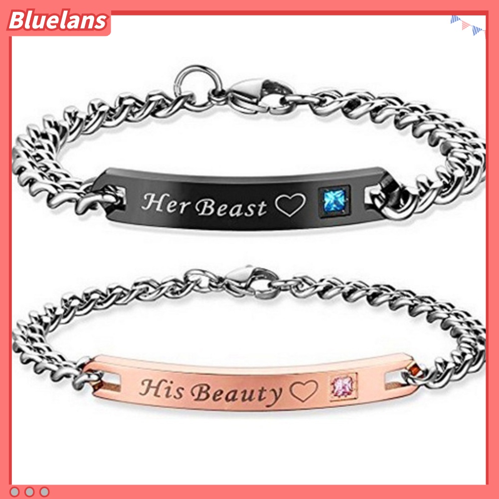 Gelang Pasangan Bahan Titanium Steel Motif Tulisan Her Beast King His Beauty Queen