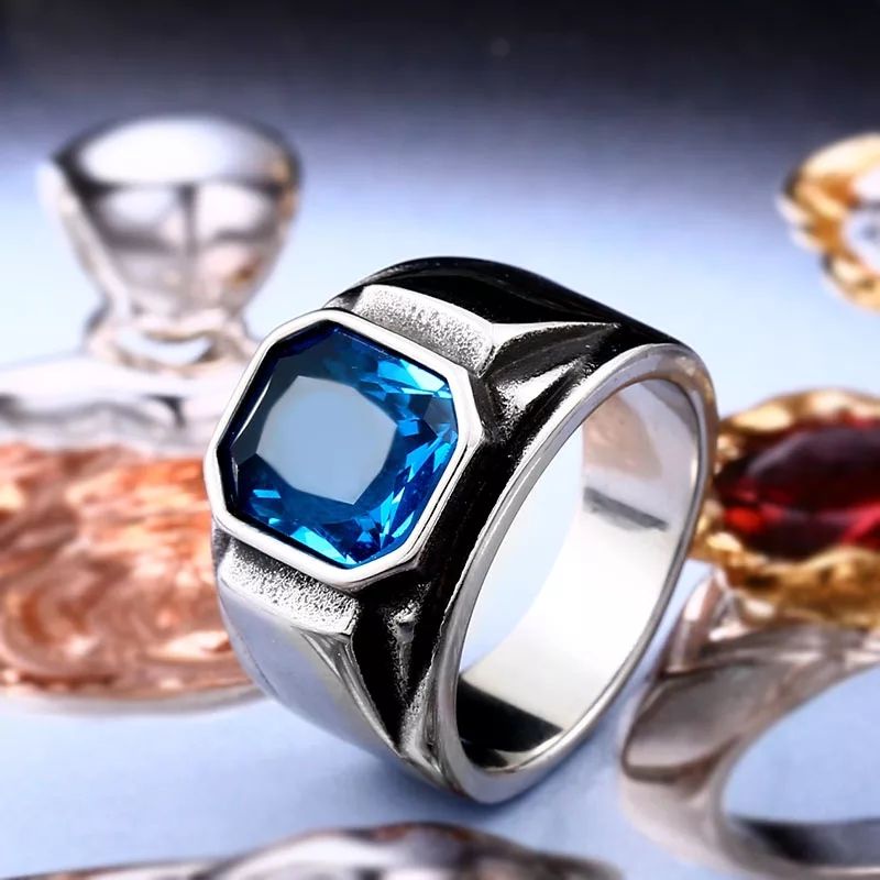 Cincin Blue Aquamarine Topaz Biru Zircon Ring Titanium Anti Karat Tahan Luntur Keren