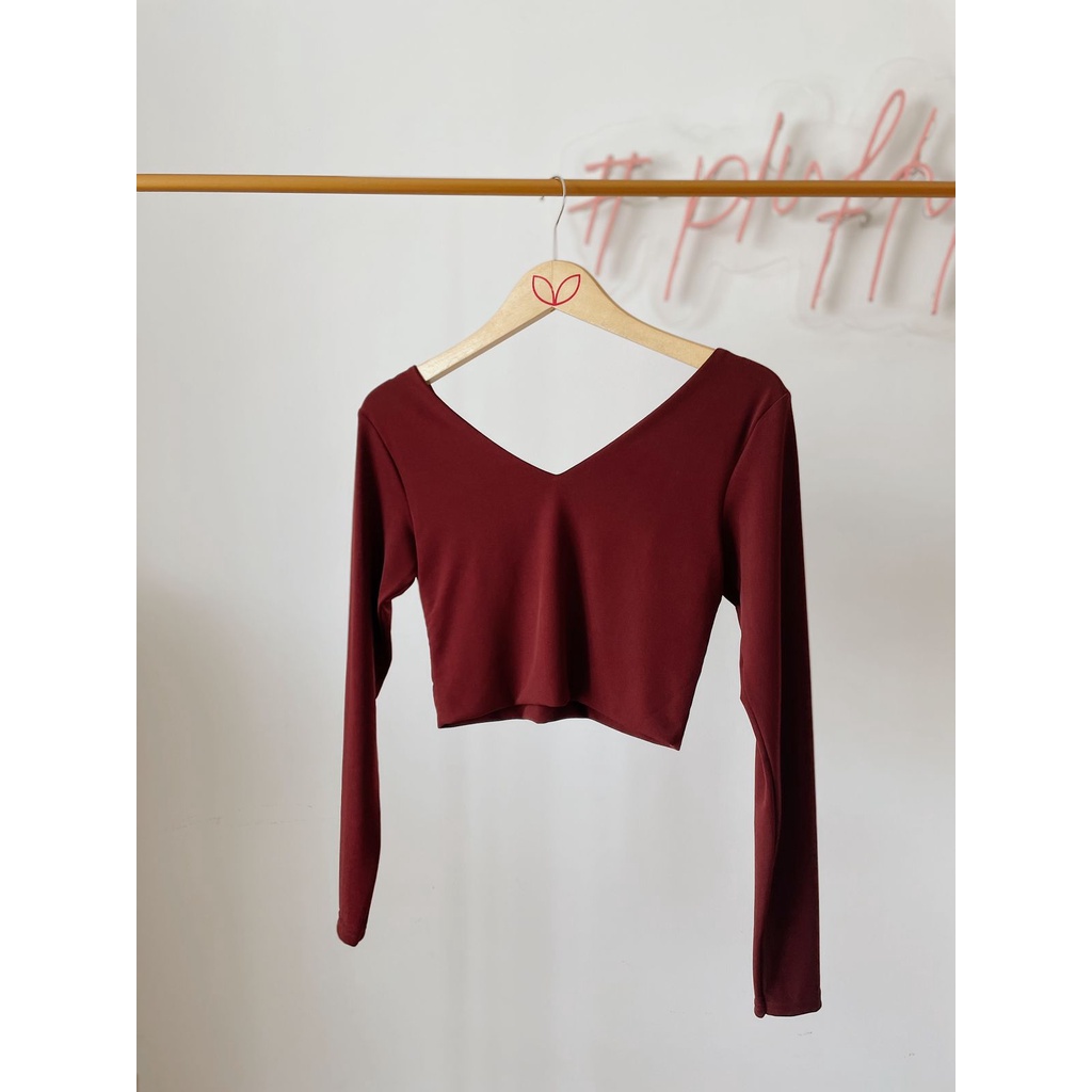 [LC] Pluffyschoice Venice CROP Top V-neck Atasan Wanita Lengan Panjang Bahan Jersey S-XXL Bigsize-MAROON