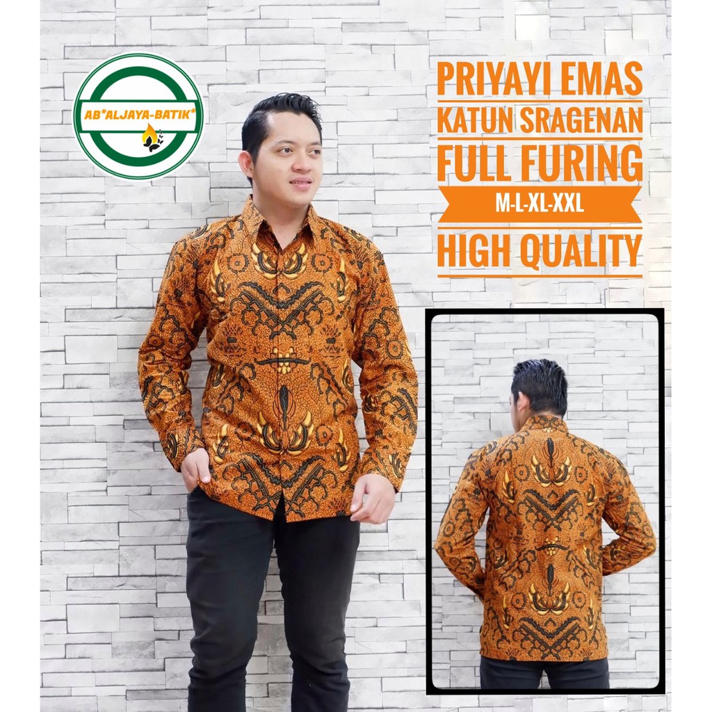 PRIYAYI EMAS ALJAYA KEMEJA BATIK SOLO PRIA LENGAN PANJANG PENDEK LAPIS FURING ATASAN PREMIUM MODERN KATUN HALUS AJI PUTIH JANTAKA PAKIS AJI BANYU BIRU KSATRIA ABU WULU WAYANG SRIKATON GESEM ROGOSUKMO EMAS PEKSI BIRU NIRWANA LAWASAN LAKSAMANA ELANG RESPATI