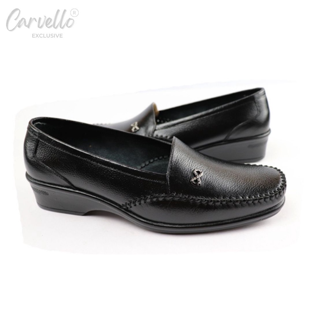 Sepatu Pantofel Wanita Kantor Flat Shoes CARVELLO 1205 Hitam Kulit Asli