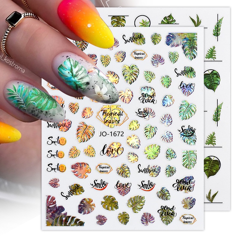 Stiker Kuku 3D Holografik Laser Motif Daun / Bunga Warna-Warni Untuk Dekorasi Manicure