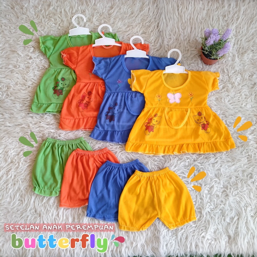 BISA COD Setelan Bayi Perempuan Murah Lucu Motif Butterfly / Set Baju Anak Umur 1 Tahun / Setelan Bayi Murah