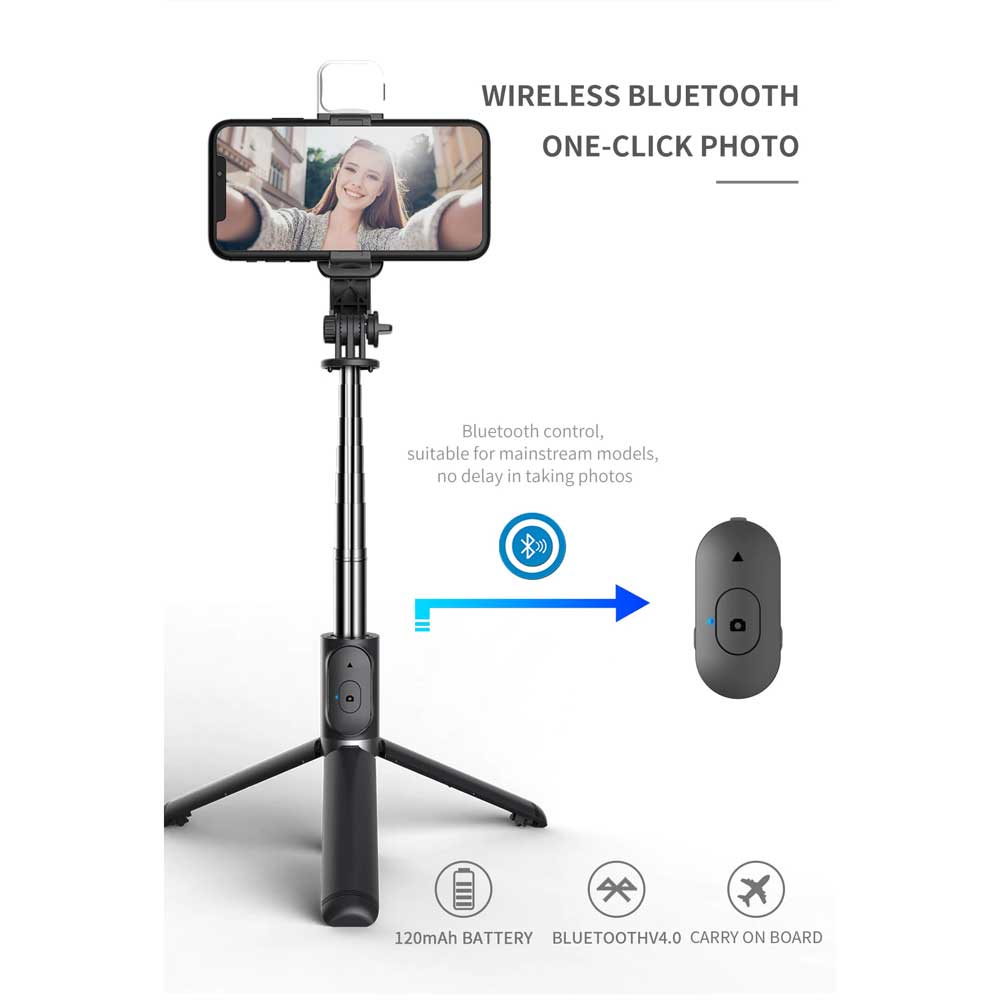 Tongsis Tripod Bluetooth Shutter with LED Light - QO2S - Black