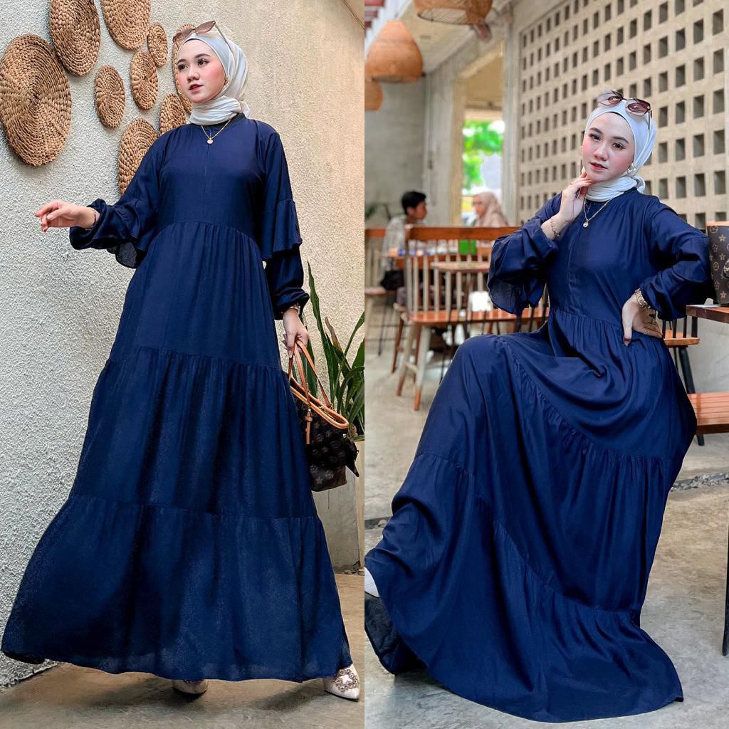 Flowy Gamis Wanita Rayon Viscose Premium Dress Wanita Lengan Panjang Ruffle Terompet Longdress Bunga LD 110 cm