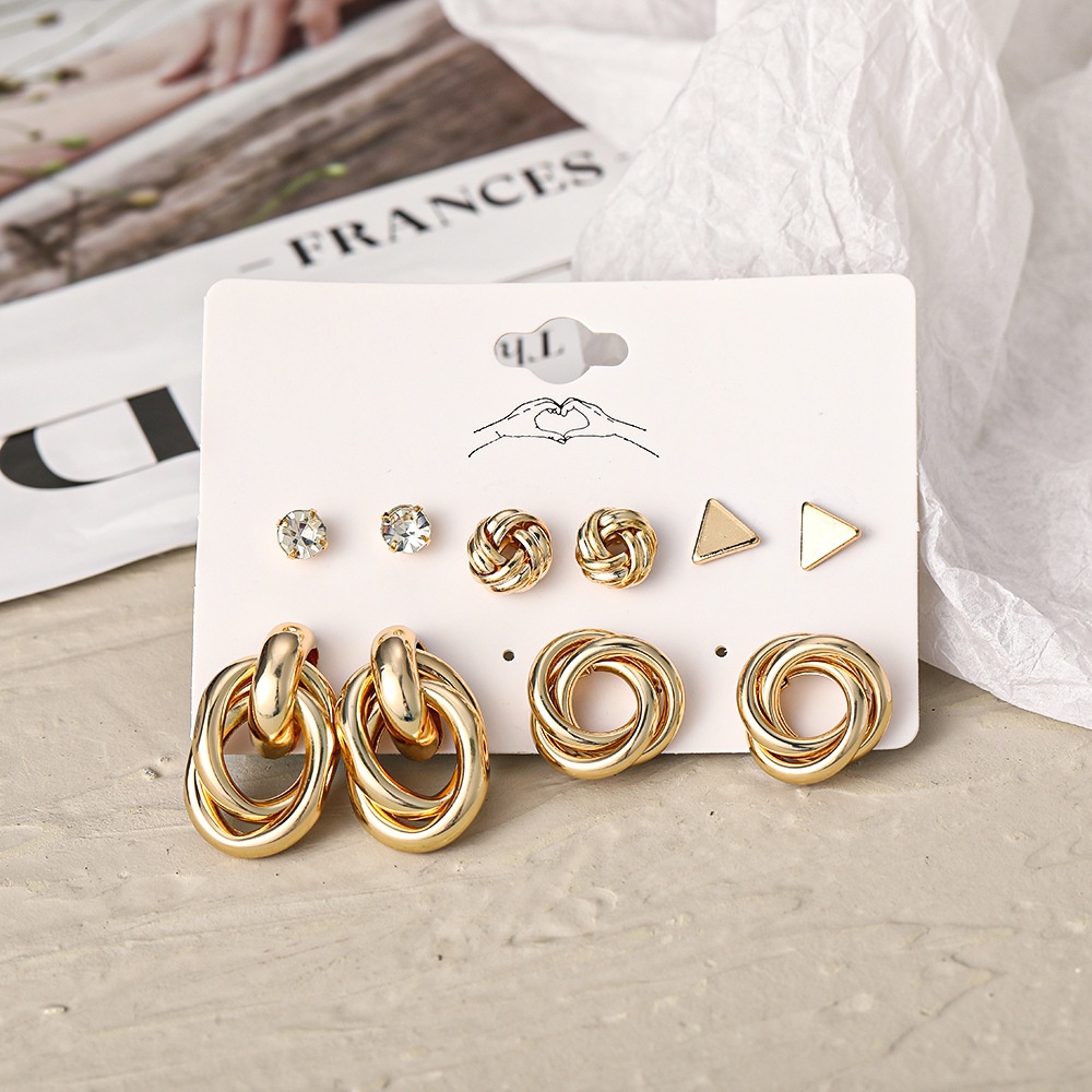Set Anting Stud Bentuk Lingkaran Geometris Segitiga Bahan Logam Aksen Berlian Untuk Wanita
