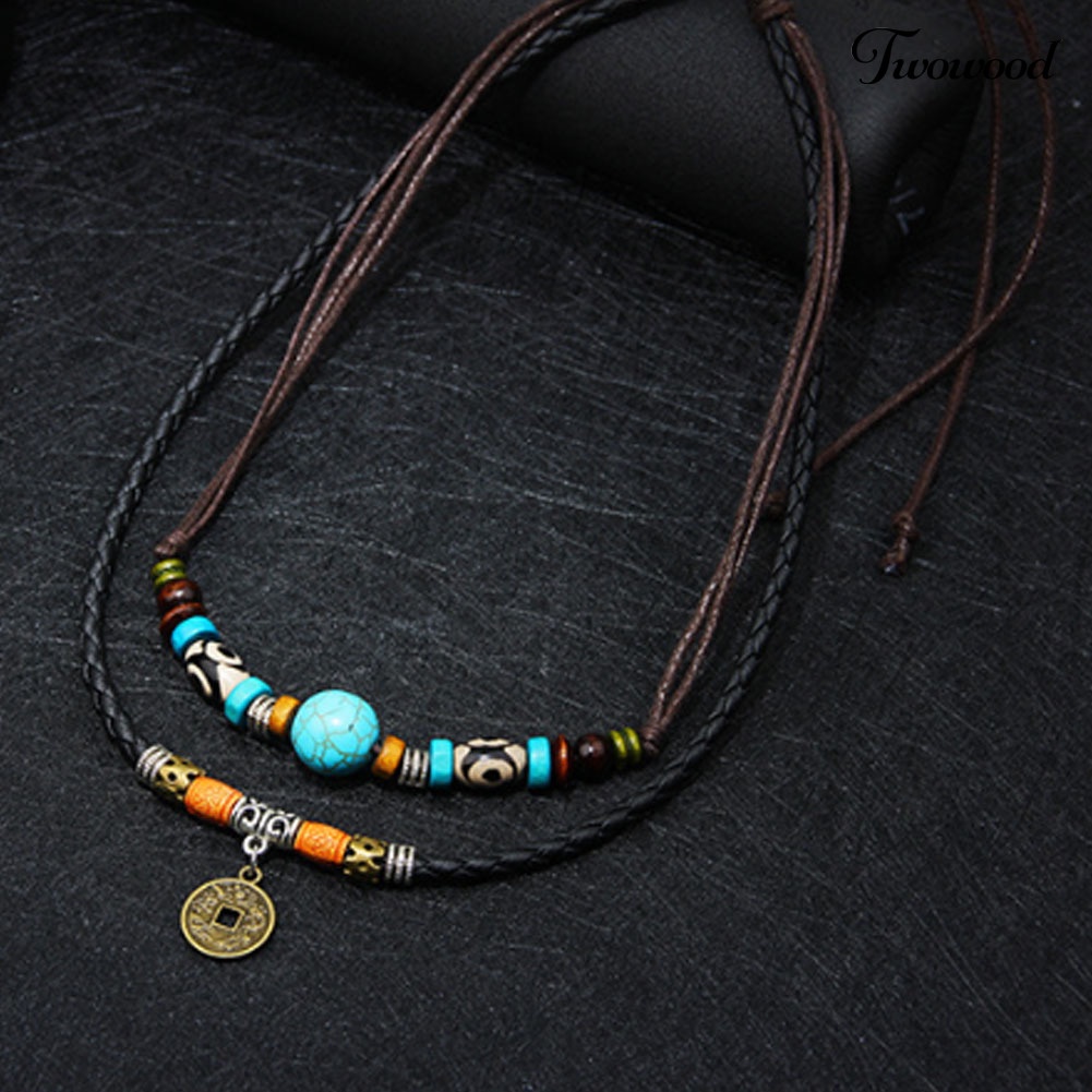 Kalung Choker Multilayer Dengan Liontin Manik-Manik Turquoise Imitasi Untuk Pria