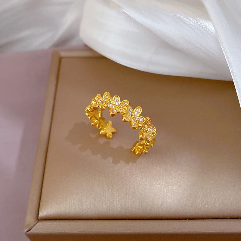 Cincin Titanium Wanita (Terbuka) Bunga Daisy Berlian Lapis Emas 18K Cantik Perhiasan Korea
