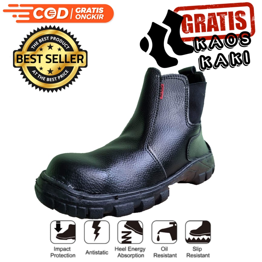 SEPATU SAFETY SEPTI KING KICKERS GREGOR CATERPILLAR KULIT PU SINTETIS ASLI UJUNG BESI BENGKEL KONTRAKTOR TAMBANG PABRIK MURAH BONUS KAOS KAKI