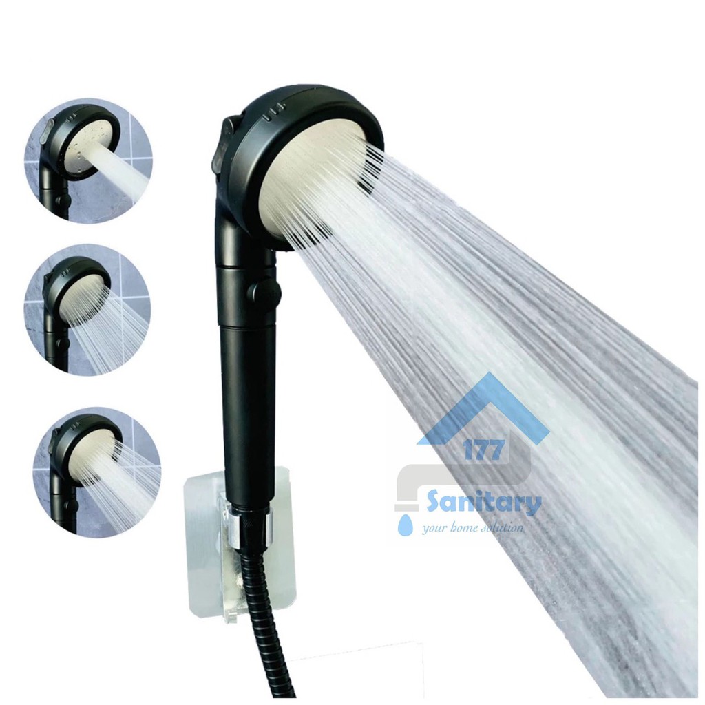 KEPALA Super Shower Hemat Air 3in1 BLACK ON OFF 01B- HEAD Hand Shower mandi semprotan turbo HITAM