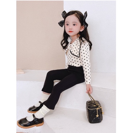 SETELAN ANAK CEWEK CREAM POLKADOT CELANA HITAM  STELAN ANAK CEWEK PITA POLKA CREAM 100-140 PROMO