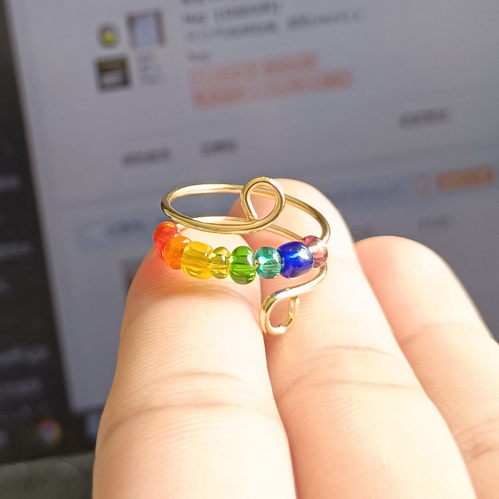 Cincin Manik-Manik Pelangi Warna-Warni Bahan Titanium Steel Adjustable Untuk Unisex