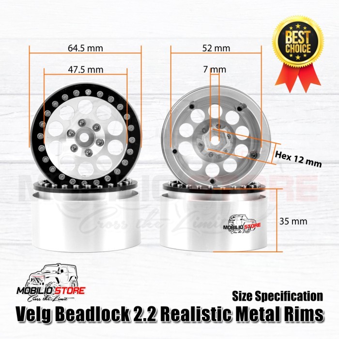Velg Beadlock 2.2 Realistic Metal Rims Wheels for RC 1/10 Crawler 4WD