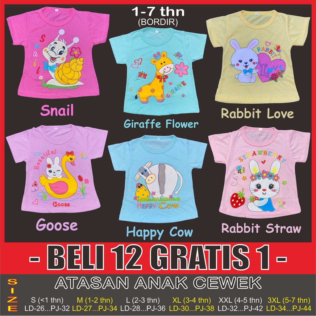 RAINBOW BAJU KAOS BAYI / ANAK CEWEK LUCU &amp; MURAH 1 - 7 TAHUN &quot;BORDIR PART 3&quot;