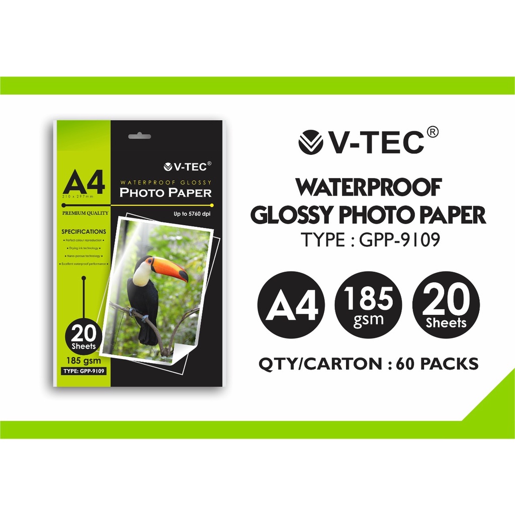 Kertas Photo - V-tec Waterproof Glossy Photo Paper 185 gsm - V-Tec GPP-9109