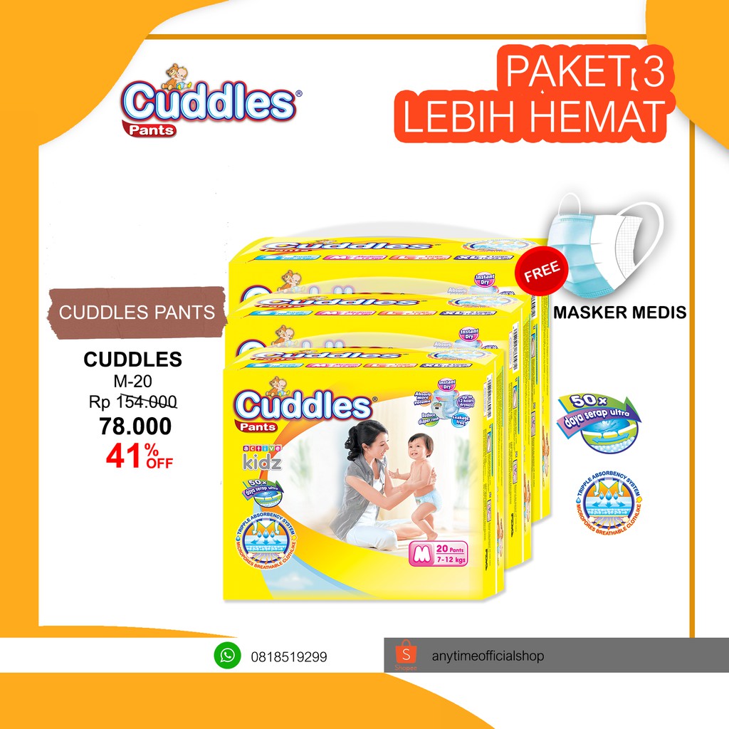 

Cuddles Popok Bayi /Baby Diapers Pants M20 - Paket 3 Bags