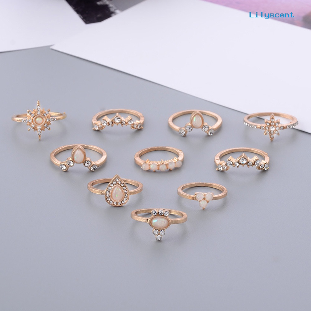 10pcs / Set Cincin Buku Jari Aneka Bentuk Aksen Berlian Imitasi Untuk Wanita