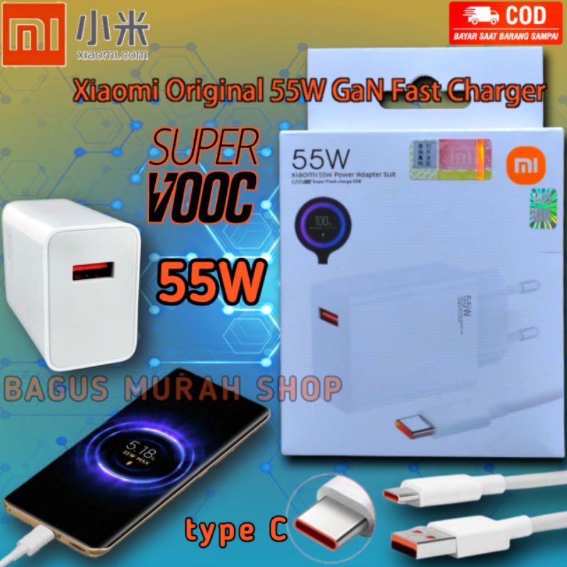 CHARGER 55W REDMI TYPE C Mi 8 9 10 NOTE 7 8 9 10 K20 POCO X3 X2 BLACKSHARK TURBO FAST CHARGING