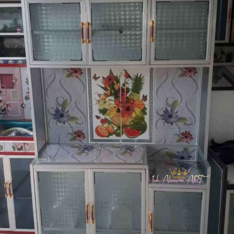 Lemari Dapur / Rak Dapur Motif Bunga Pintu 6 Kaca Alumunium