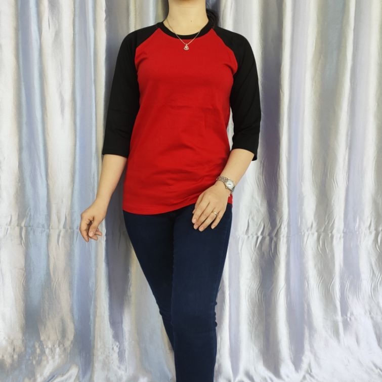 kaos reglan polos MERAH-HITAM lengan 3/4 uk 18 20 22 s m l xl xxl