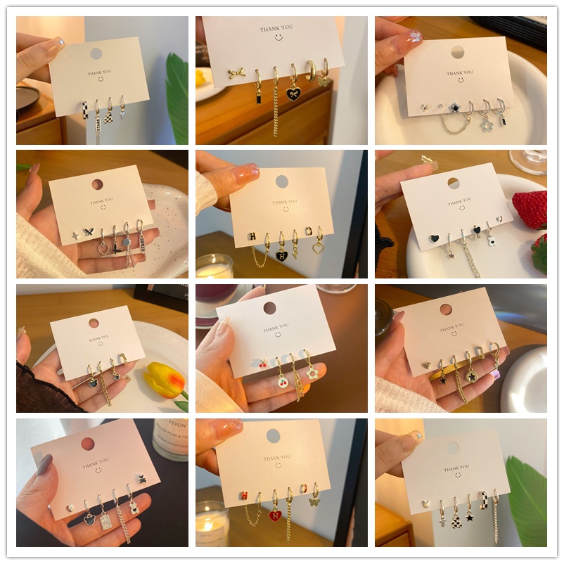 6pcs / Set Anting Tusuk / Bulat Motif Hati / Beruang / Bintang Aksen Berlian Imitasi Untuk Perhiasan Wanita