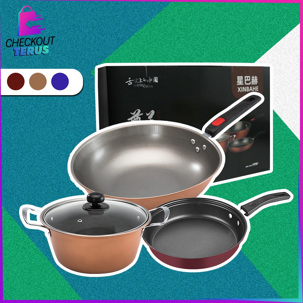 CT C501 Panci Wajan Teflon Set isi 3 pcs Penggorengan Set Anti Lengket Pegangan Anti Panas Panci Set Cookware Masak