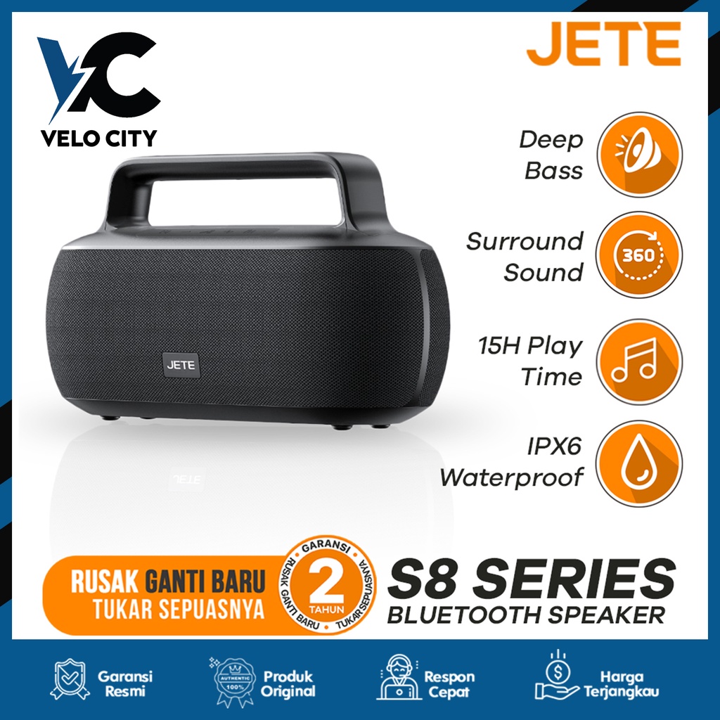 Speaker Bluetooth Portable Jete S8 Surround Deep Bass IPX6 Garansi 2th