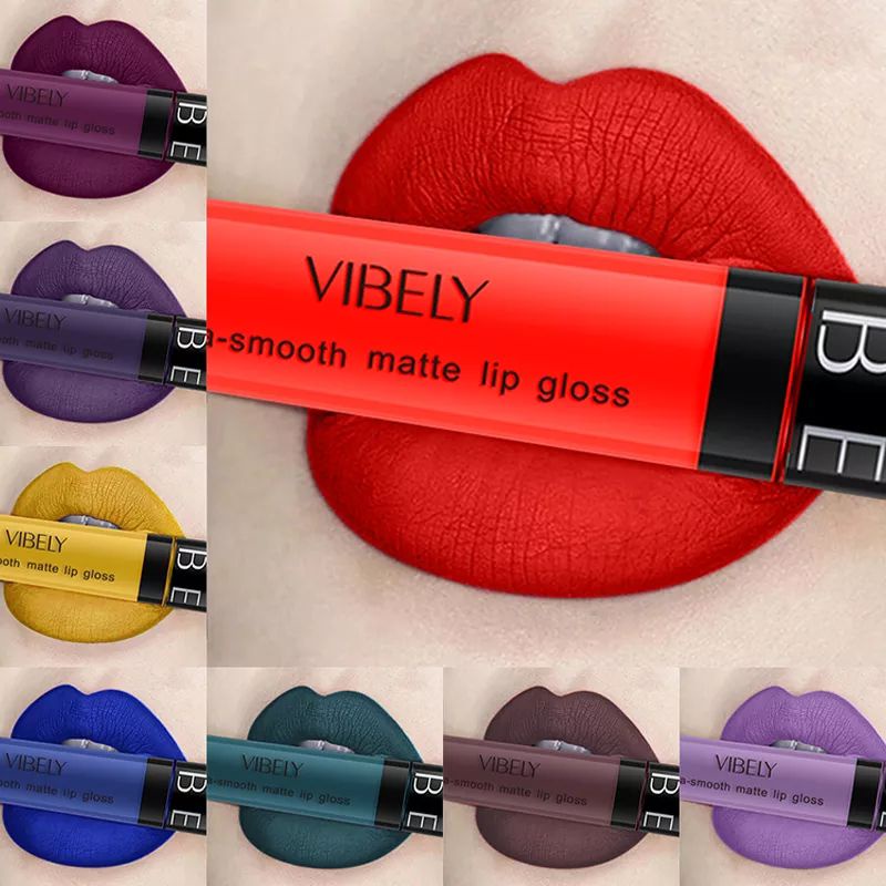 VIBELY LIPSTIK COLOR MATTE VELVET LIP GLOSS WARNA WARNI TANPA LENGKET TAHAN AIR LIPSTIK CAIR HITAM BIRU UNGU KUNING