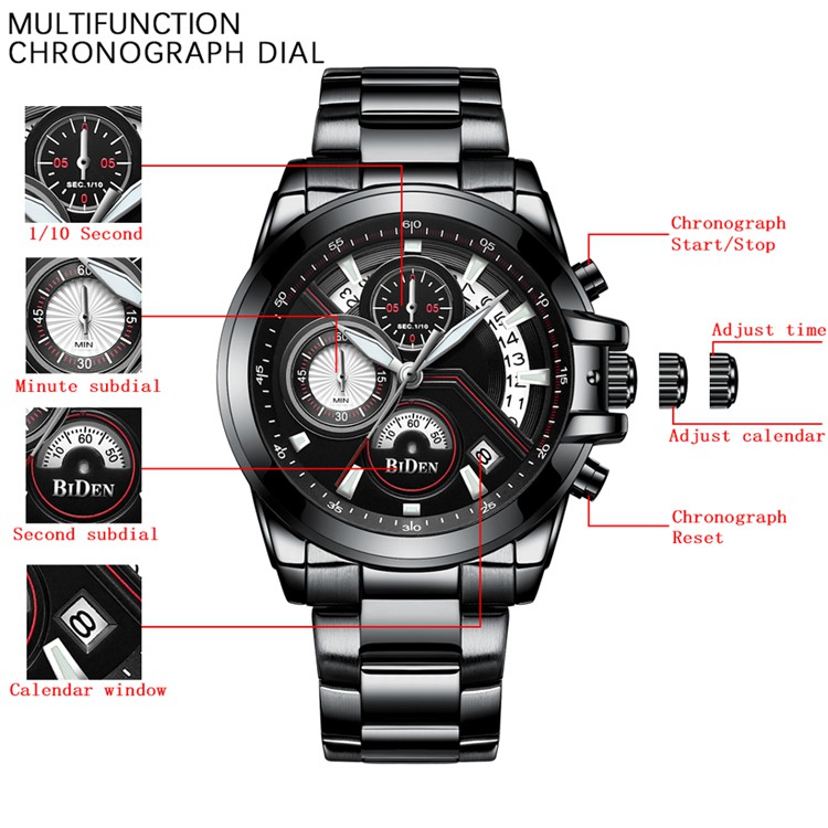 JAM TANGAN PRIA BIDEN 0083 3 DIAL WATCH CHRONO BISNIS TALI RANTAI STAINLESS STEEL TAHAN AIR QUARTZ