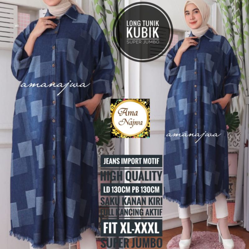 Long tunik super jumbo jeans import motif kancing aktif ld 130 fit xl-xxxl by Amanajwa