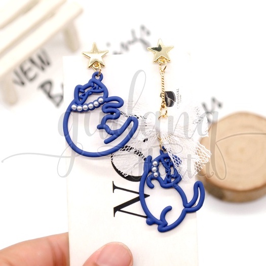 Anting Stud Wanita Asimetris Chubby Blue Cat Earring Kucing GH 203622