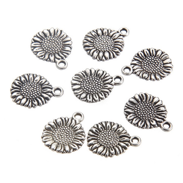 10Pcs Liontin Bentuk Bunga Matahari Warna Silver Ukuran 14x18mm Gaya Tibet Antik Untuk Membuat Perhiasan Handmade