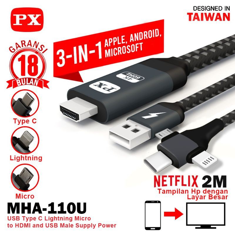 Kabel HDMI to Micro Type C Lightning ke TV IOS Android PX MHA-110U