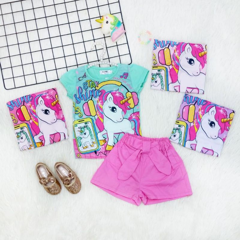 [1-8T] Baju setelan anak perempuan kaos celana pendek ALOHA KAI baju set anak cewek lucu UNICORN