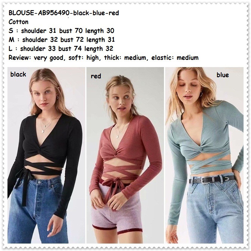 AB956490 Baju Atasan Rajut Sexy Crop Top Ikat Pita Yoga Senam Dance Dansa Clubing Wanita Korea Impor