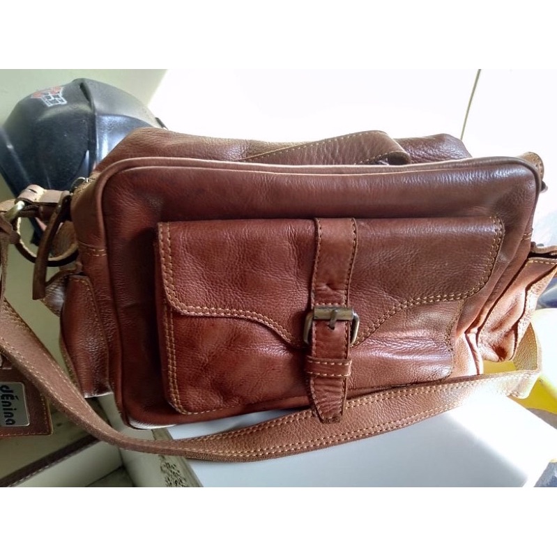 tas selempang kulit lokal sapi asli denina preloved second cewek wanita coklat
