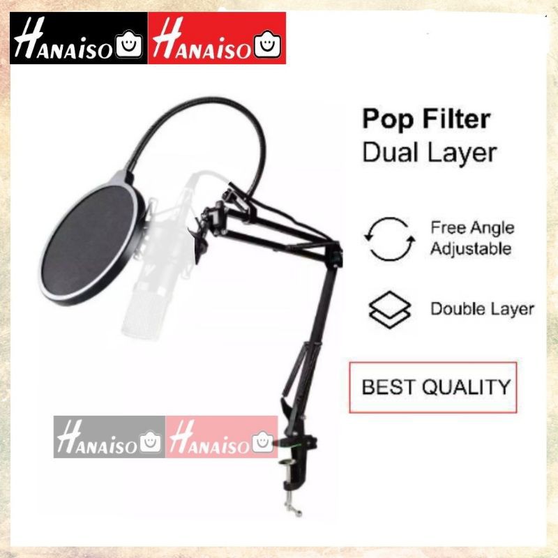 HANAISO POP FILTER STAND MIC WINDSCREEN DUAL LAYER MIKROFON MICROPHONE REKAMAN PODCAST BM800 BM8000