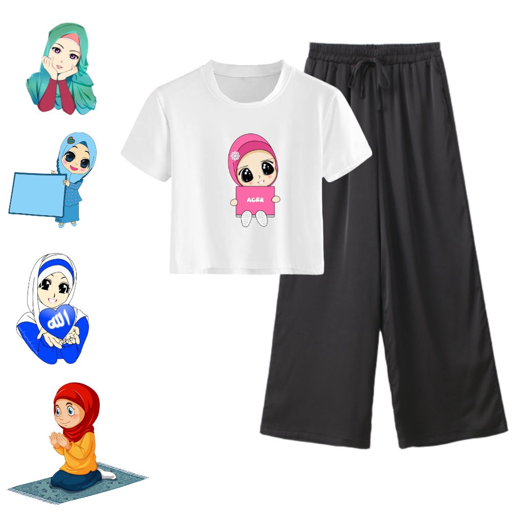 JBF Baju Setelan Wanita Remeja Baju 1 Pasang Atasan Crop Dan Celana Kulot Kumpulan Motif Hijab