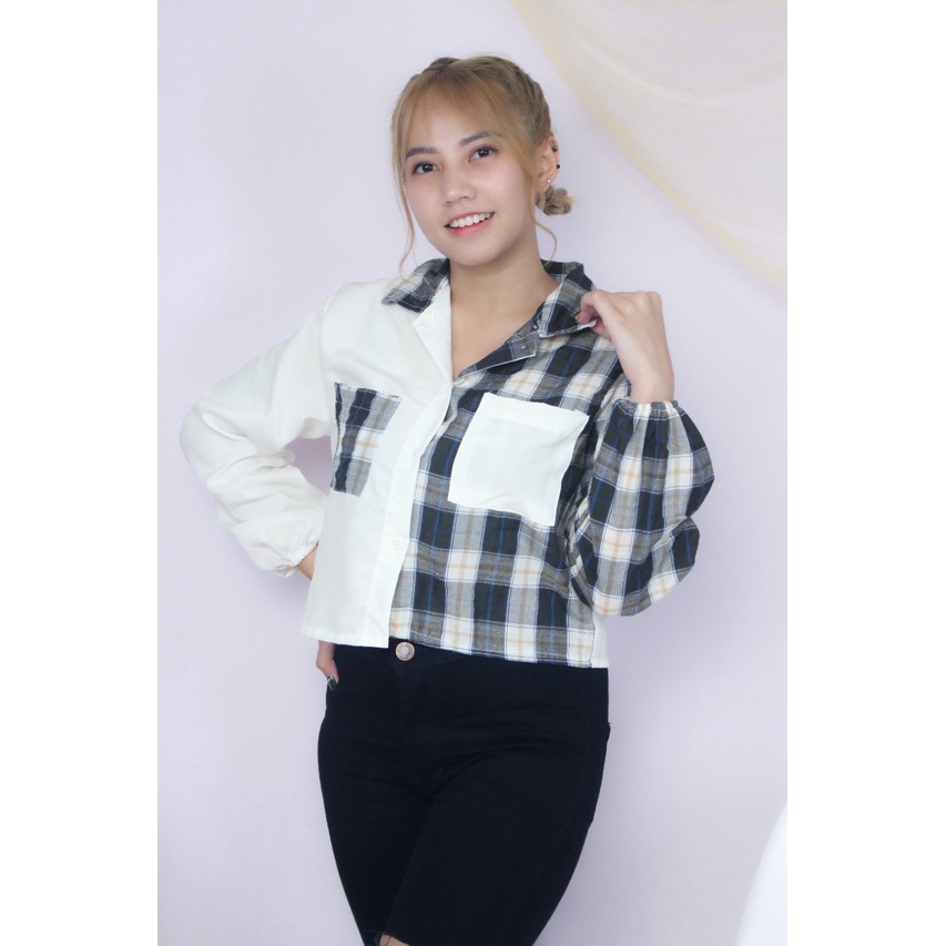 RX Fashion - Mika Crop Top Blouse // Shirt Top Tartan Two Tone // Kemeja Olive ( SPECIAL SALE - GRATIS ONGKIR )  - GA-PUTIH- KT ZARA HITAM