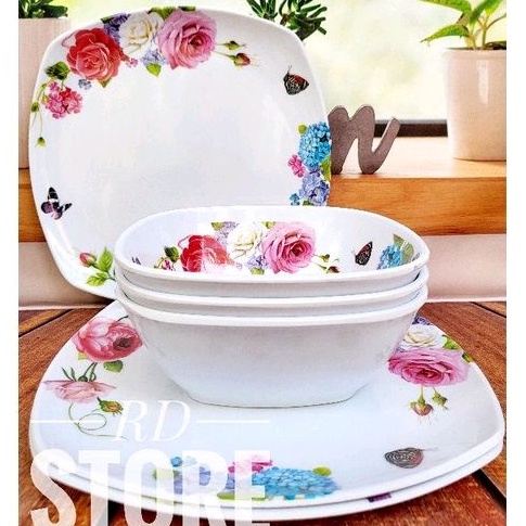 PROMO 6.PCS ISI 3.PIRING KOTAK SAJI 3.PCS MANGKOK KOTAK MOTIF ROSE BAHAN MELAMINE WARE TEBAL ANTI PANAS