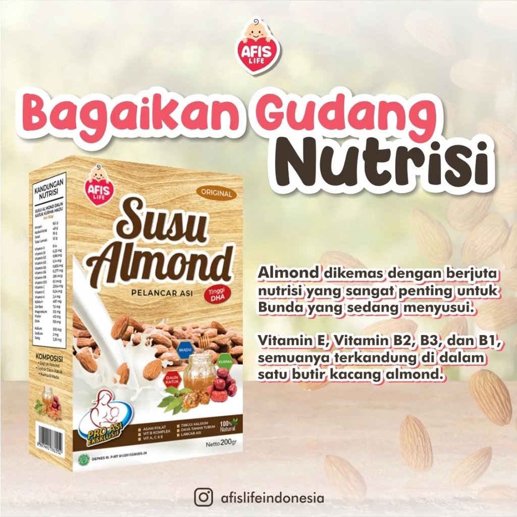 Beli 3 GRATIS 1 Afis life 60gram / 1 Tas Belanja Susu Almond Pelancar Asi Booster Ibu menyusui 200 gr untuk perkembangan bayi optimal