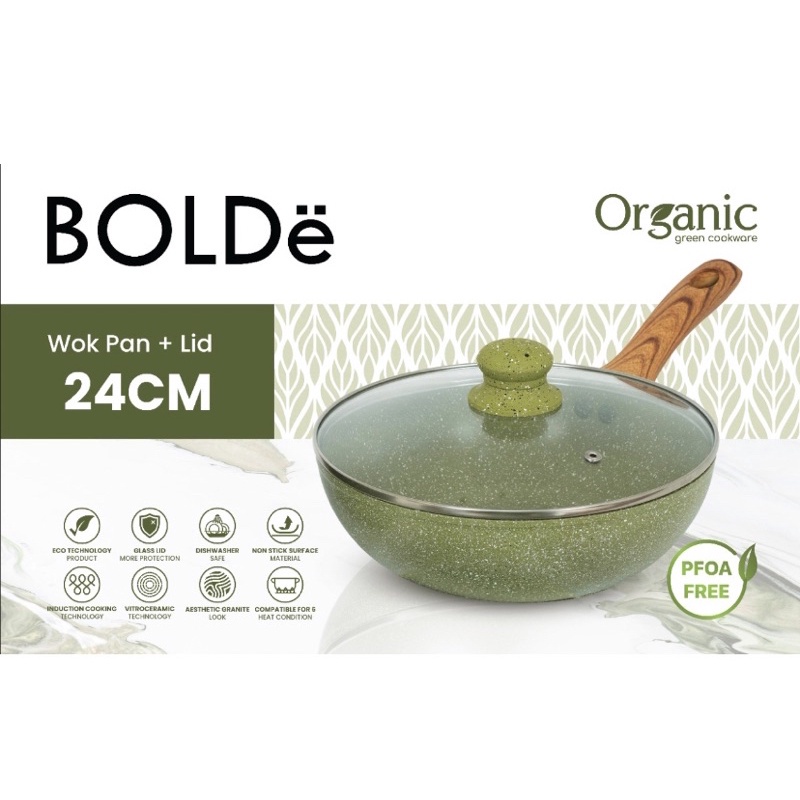 BOLDe - ORGANIC GREEN WOK PAN 24 cm + Glass Lid