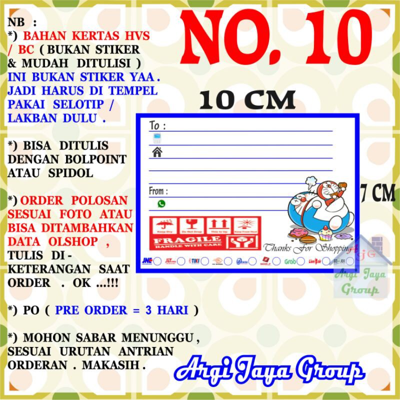 

Label Pengiriman Alamat Olshop Murah Nomer 10 - 10x7cm - Kertas BC (Manila)