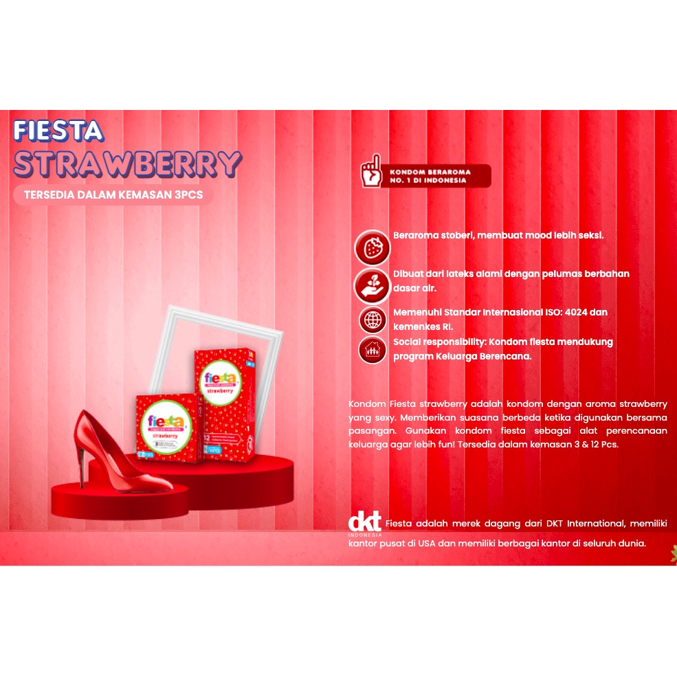 Kondom Fiesta Strawberry 3 s / Kondom Fiesta Strawberry 12 pcs / Kemasan Baru Kondom Fiesta Rasa Bua